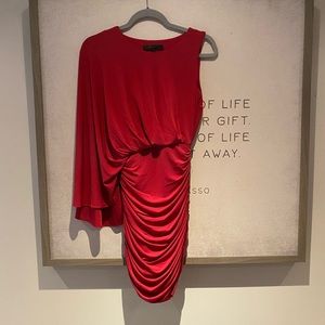 BCBG “Venus” Red ruching, asymmetrical caped slinky mini dress, XS
